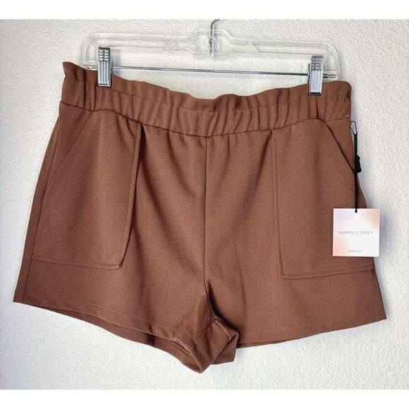 NWT Happily Grey Paperbag Trouser Shorts Pockets Stretch Chocolate‎ Brown LARGE - Picture 2 of 8